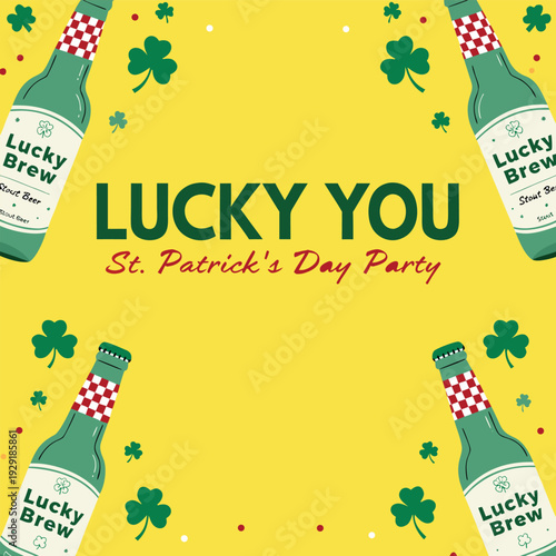 Lucky you st patricks day party greeting with lucky brew stout beer bottles and shamrock pattern on yellow background for holiday promotion