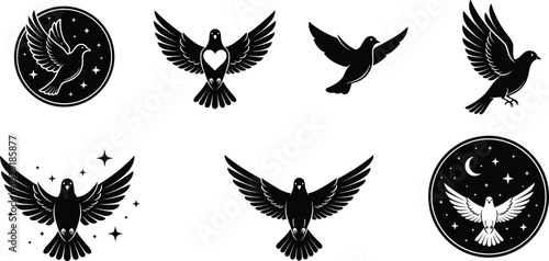 Flying dove silhouettes collection, black vector illustration set with peace bird, heart symbol and celestial badge designs isolated on white background