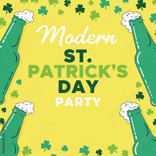 Modern st patricks day party square banner with green beer bottles and floating clover leaves on yellow background for social media promotion