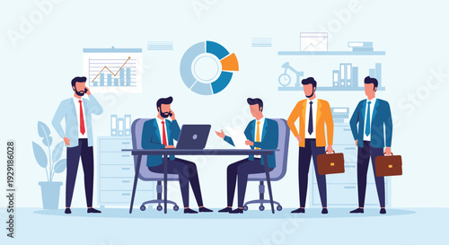 Business team collaborating in a workspace with charts on the wall, laptops, and professional people having a meeting or discussion.