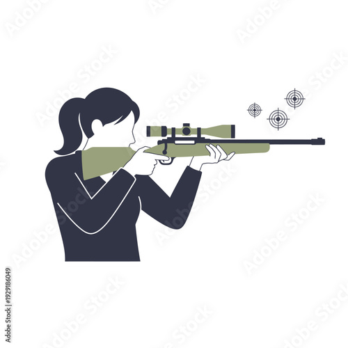 Woman aiming rifle with scope at target practice, shooting sport icon