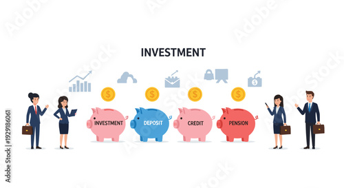 Concept of financial services showing business professionals managing money through investment, deposit, credit, and pension piggy banks.