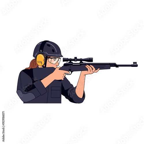 Woman aiming rifle with scope at shooting range, wearing protective gear