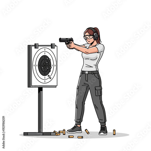 Woman practicing shooting at a target with a handgun at a range