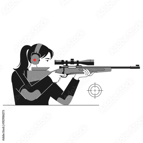 Woman shooter with rifle and scope, aiming at target, focus, precision, sport