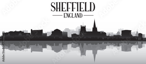 Black and white panoramic poster of the city skyline with misty background buildings and water reflection of SHEFFIELD, UNITED KINGDOM
