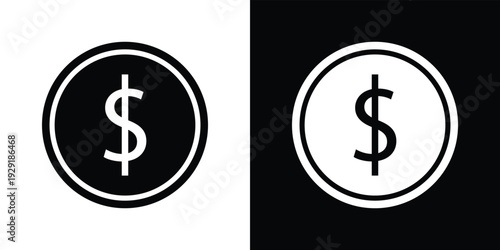 Black and white dollar sign coins on split color background currency symbol money