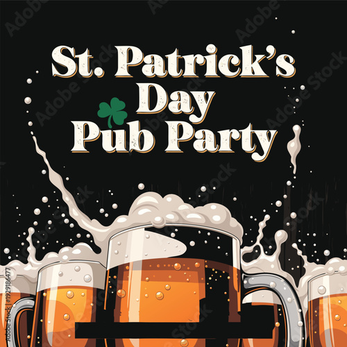 St patricks day pub party with overflowing beer mugs, festive celebration with shamrock, beer splash on dark background
