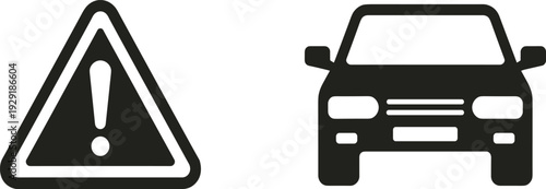 Vehicle safety icon set with triangular caution warning sign and front view passenger car sedan silhouette