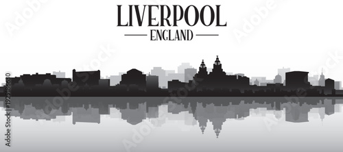 Black and white panoramic poster of the city skyline with misty background buildings and water reflection of LIVERPOOL, UNITED KINGDOM