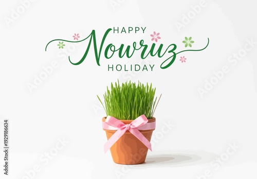 Happy nowruz holiday greeting with potted wheatgrass