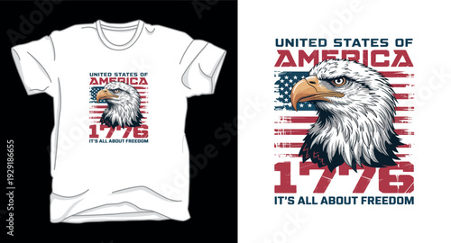 T-shirt design print illustration United States of America eagle head portrait with distressed flag background and freedom quote