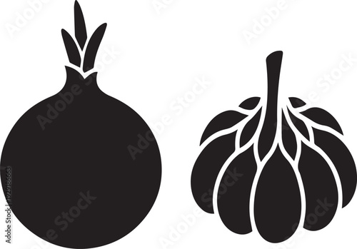 Onion with Sprout and Garlic Clove Silhouettes Food Icon