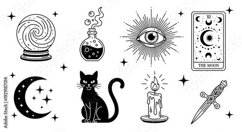 A collection of mystical and occult symbols including a crystal ball, potion, eye, tarot card, black cat, candle, and dagger.