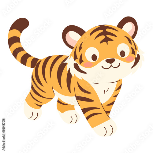 Flat vector illustration of baby tiger. Safari animals character for kids and baby prints. Cute cartoon cat on white