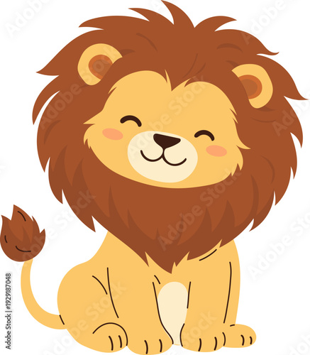 Flat vector illustration of baby lion. Safari animals character for kids and baby prints. Cute cartoon lion on white