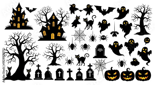 A collection of spooky Halloween-themed silhouettes including haunted houses, ghosts, bats, spiders, gravestones, and jack-o'-lanterns.