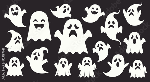 A collection of white cartoon ghosts with various expressions on a black background, suitable for Halloween themes.