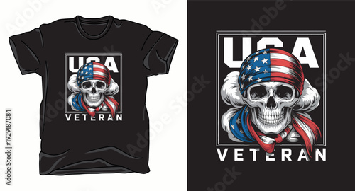 T-shirt design print illustration USA veteran skull, American flag bandana, patriotic symbol, honor