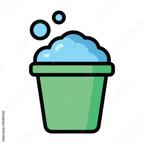 Color line illustration of a bucket filled with foam. Clean modern style representing washing, sanitation, and household cleaning routines.