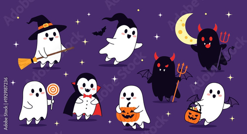 A collection of cute cartoon ghosts and devils celebrating Halloween with pumpkins, candy, and a crescent moon.