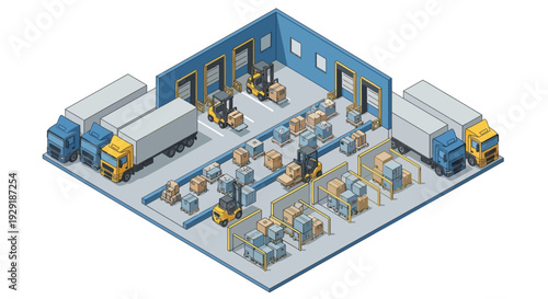 Isometric illustration of a warehouse with trucks and equipment.