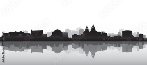 Black and white panoramic poster of the city skyline with misty background buildings and water reflection of LIVERPOOL, UNITED KINGDOM
