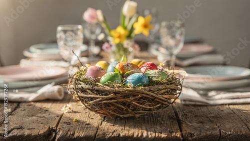 Osternest mit bunten Eiern auf einem festlich gedeckten Tisch