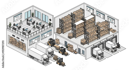 Isometric illustration of a warehouse with office and storage facilities.
