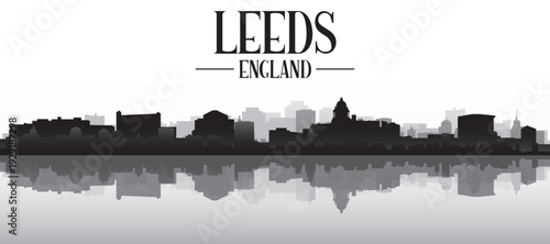 Black and white panoramic poster of the city skyline with misty background buildings and water reflection of LEEDS, UNITED KINGDOM