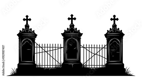 A silhouette of a gothic cemetery gate with three ornate pillars and a wrought iron fence.