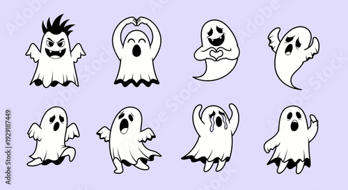 A collection of eight cute and spooky cartoon ghosts in various poses and expressions, set against a light purple background.