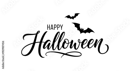 Happy Halloween text with flying bats illustration.