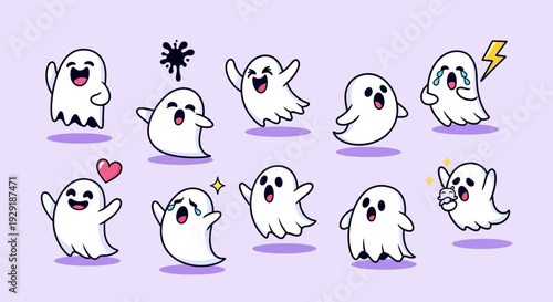A collection of cute and expressive cartoon ghosts with various emotions and actions on a light purple background.
