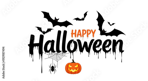 Happy Halloween text with bats, spider, spiderweb, and a carved pumpkin illustration.