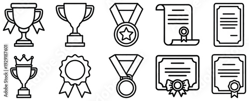 Collection of awards: trophies, medals, certificates, and rosettes for achievement.
