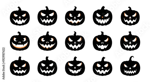 A collection of 15 black silhouette jack-o'-lanterns with carved spooky faces, arranged in three rows on a white background.