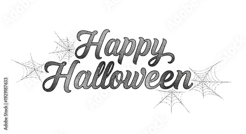 Happy Halloween text with spiderwebs on a white background.