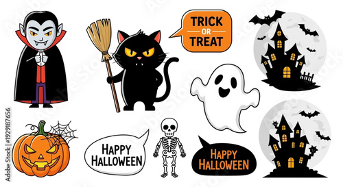 A collection of classic Halloween icons including a vampire, black cat, pumpkin, ghost, skeleton, haunted houses, and speech bubbles.