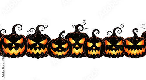 A row of carved black pumpkins with glowing orange eyes and mouths, creating a spooky Halloween decoration.
