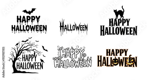 A collection of six different "Happy Halloween" text designs featuring spooky elements like bats, a black cat, and a haunted tree.