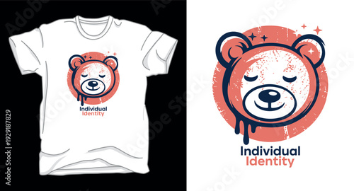 T-shirt design print illustration T-shirt with cute bear face graphic and dripping paint effect, emphasizing individual identity