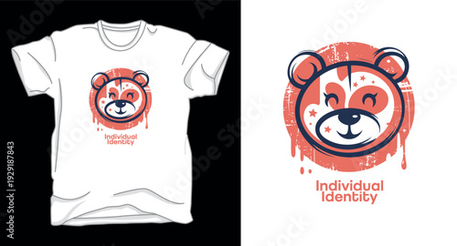 T-shirt design print illustration T-shirt with cute bear face graphic and dripping paint effect, emphasizing individual identity