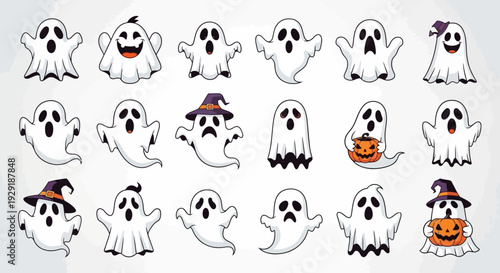 A collection of 20 cute and spooky cartoon ghosts in various poses and expressions, some wearing witch hats and holding pumpkins, perfect for Halloween.