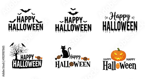 Collection of six distinct "Happy Halloween" typographic designs with various spooky and festive graphic elements.