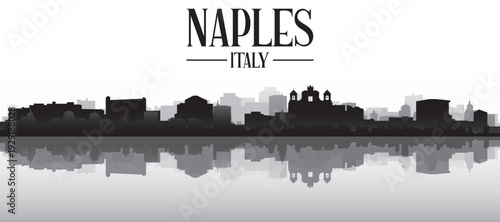 Black and white panoramic poster of the city skyline with misty background buildings and water reflection of NAPLES, ITALY