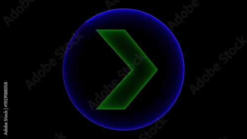 Green Neon Right Arrow In Blue Glowing Circle Loop Animation.