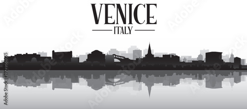 Black and white panoramic poster of the city skyline with misty background buildings and water reflection of VENICE, ITALY