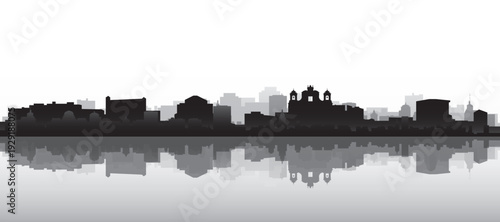 Black and white panoramic poster of the city skyline with misty background buildings and water reflection of NAPLES, ITALY