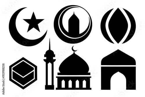 Islamic Icons Collection: Kaaba, Mosque, Minaret, Moon, and Star Symbols